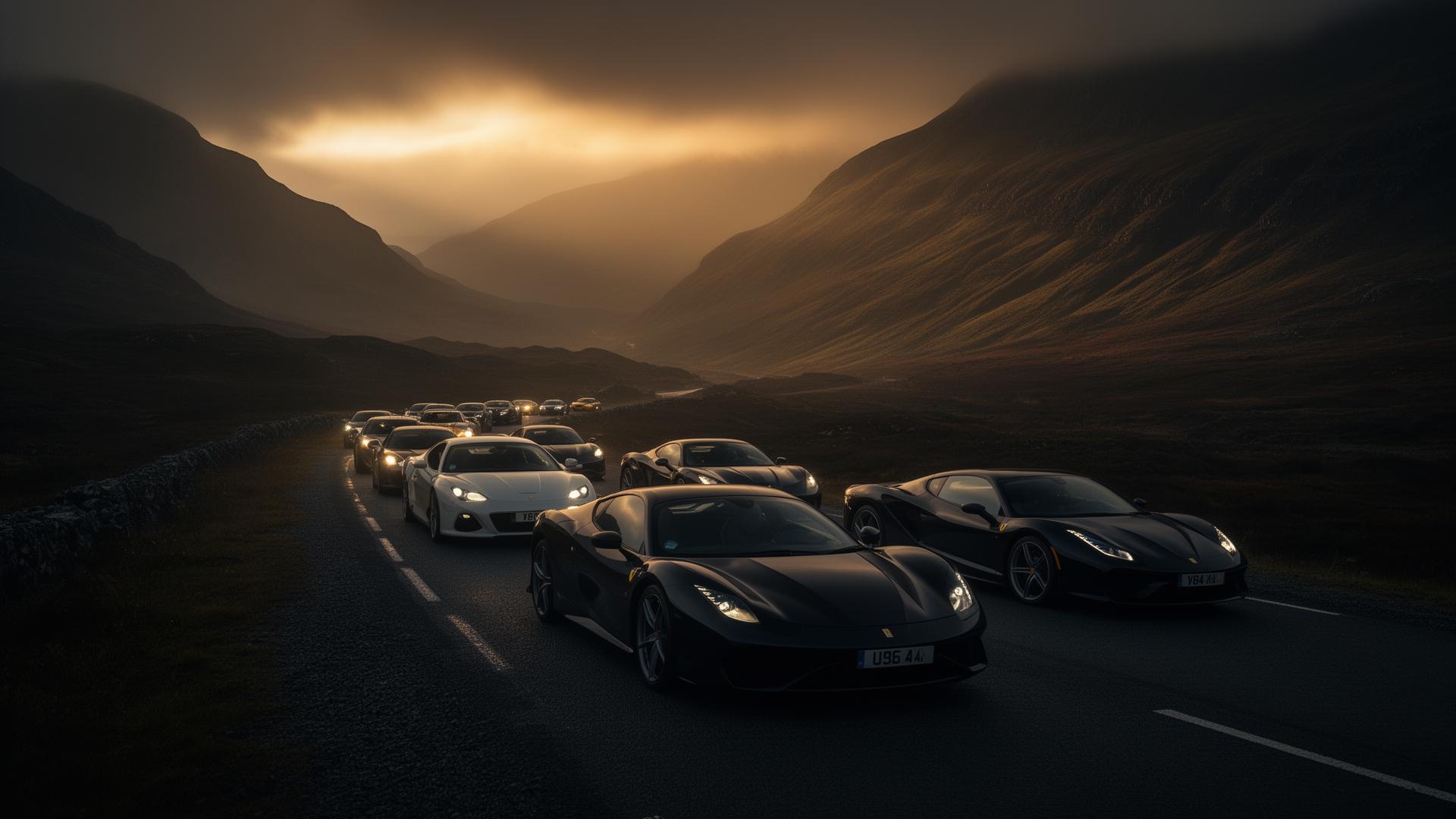 Supercar convoy on a misty Scottish highland road
